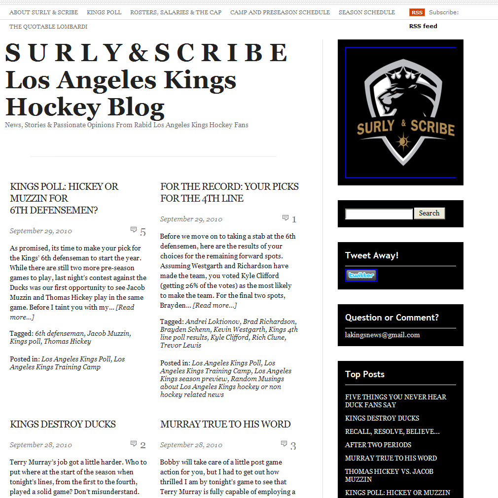 S U R L Y  &  S C R I B E Los Angeles Kings Hockey Blog